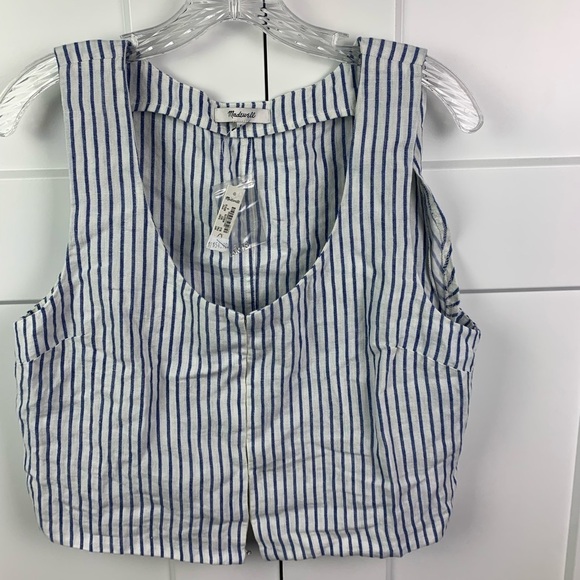 NWT Madewell Size 8 Scoopneck Crop Tank Ivory Blue Stripe 100% Linen Vest Hook - Picture 4 of 10